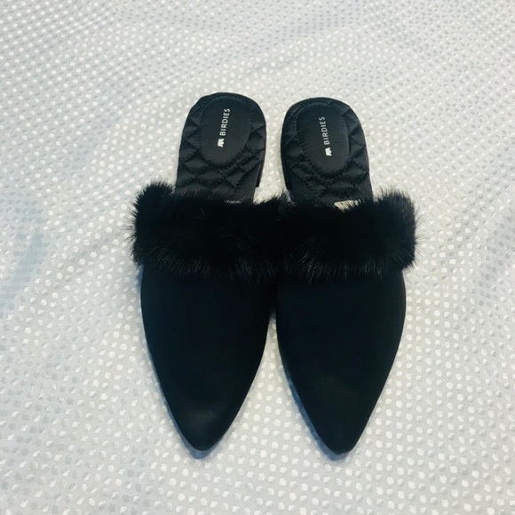 Birdies Dove Satin Pointy Toe Faux Fur Mules - Picture 5 of 7